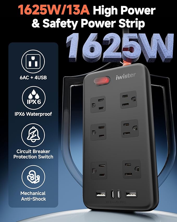 Outdoor Power Strip Waterproof IPX6, 1625W/13A, 15 Ft Extension Cord, 6 Wide Outlets & 4 USB Ports with Anti-Electric Shock, Wall Mountable for Yard, Workshop, Garage, RV