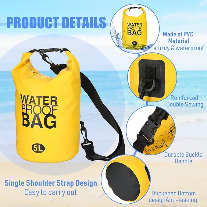 Jexine 10 Pack Dry Bag Waterproof, 5L Ultralight Dry Sacks Roll Top Storage Bag Backpack Camping Portable Outdoor Bags Keep Gear for Backpacking Kayaking Hiking Swimming Fishing Boating (Multicolor)