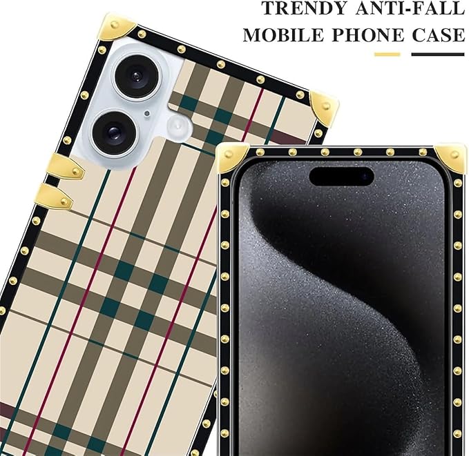 Compatible with iPhone 16 Plus Case, Black Red Beige Stripes Luxury Golden Decoration for Girl Women Soft TPU Shockproof Protective Hard PC Back