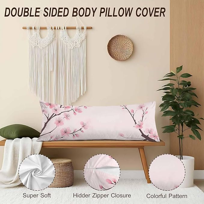 Couch Pillows Decorative Body Pillow Cover Cherry Blossom, Japanese Cherry Pink Rectangle Body Pillowcase for Men Women, Body Pillow Covers 20" X 54" Cushion Cases for Sofa Bed