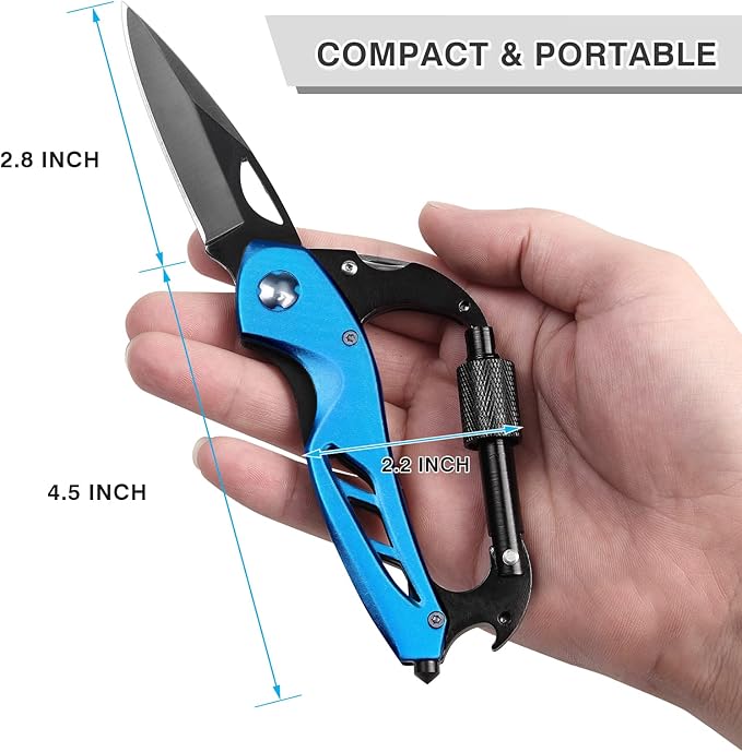 FUNBRO EDC Multitool Carabiner with Knife, Bottle Opener, Window Breaker and Screwdriver, Survival Knives Tools for Men Outdoor Camping (Blue)