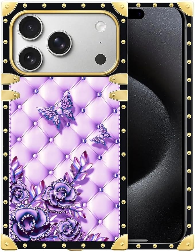 for iPhone 17 Pro Max Case Luxury Golden Decoration for Girl Women Soft TPU Shockproof Protective Hard PC Back for iPhone 17 Pro Max Crazy Pattern Purple Butterfly Flowers Leaf