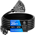 25 FT 3 Outlet Outdoor Extension Cord Waterproof, 16/3 SJTW Black Extension Cord with Multiple Outlets, Heavy Duty 16 Gauge 3-Prong Grounded Power Cable for Garden and Home Use, ETL Listed
