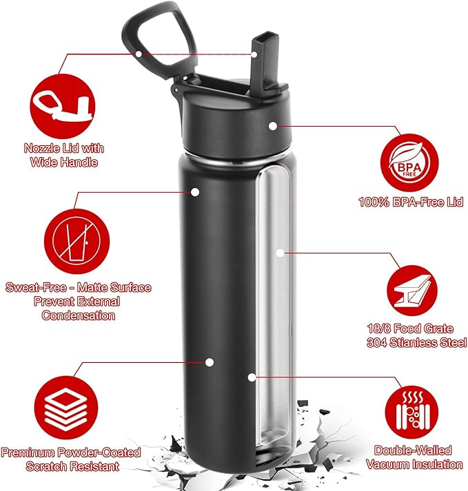 Volhoply 24oz Insulated Water Bottle With Straw Bulk 6 Pack,Metal Wide Mouth Water Bottles With Handle Lid Keep Cold,Reusable Double Wall Cups,Powder Coated Sport Bottle For Holder(Black,6 Count)