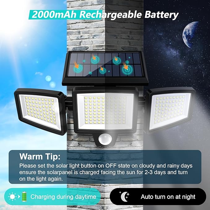 Tuffenough Solar Outdoor Lights 2500LM 210 LED Security Lights with Remote Control,3 Heads Motion Sensor Lights, IP65 Waterproof,270° Wide Angle Flood Wall Lights with 3 Modes(2 Packs)