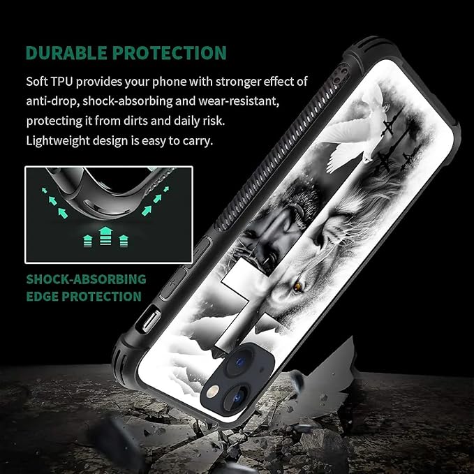 for iPhone 13 Mini Case, Lion Cross Jesus Christ Dove Pattern Made of Soft Silicone Hard Acrylic Shock Protection for iPhone 13 Mini