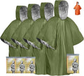Emergency Survival Poncho (4pc) Thermal Mylar Foil Coating Blanket for Heat Retention and Rain | Reversible with Hood | Waterproof, Windproof, Portable | Green | 100x130cm