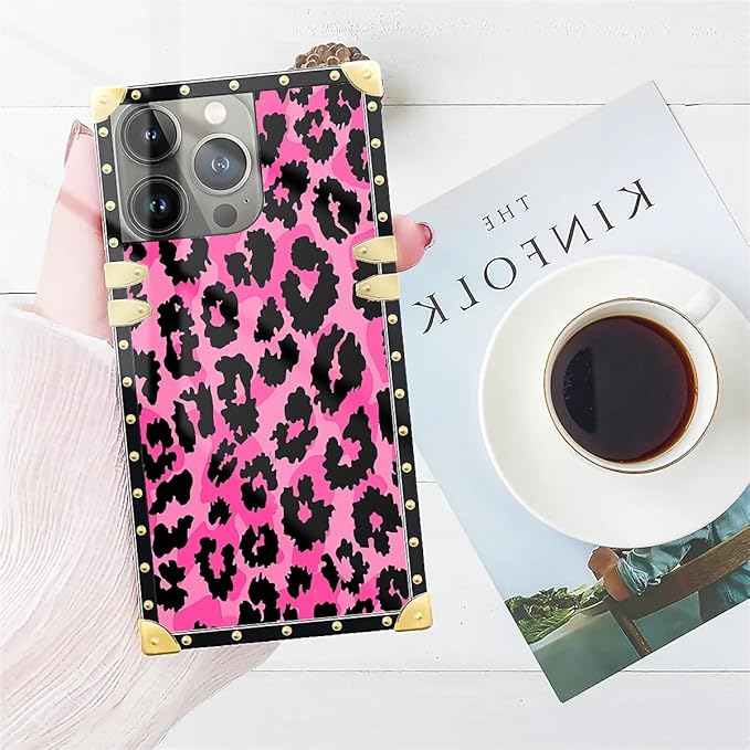 Compatible with iPhone 15 Pro Max Case, Pink Black Leopard Luxury Golden Decoration for Girl Women Soft TPU Shockproof Protective Hard PC Back for iPhone 15 Pro Max
