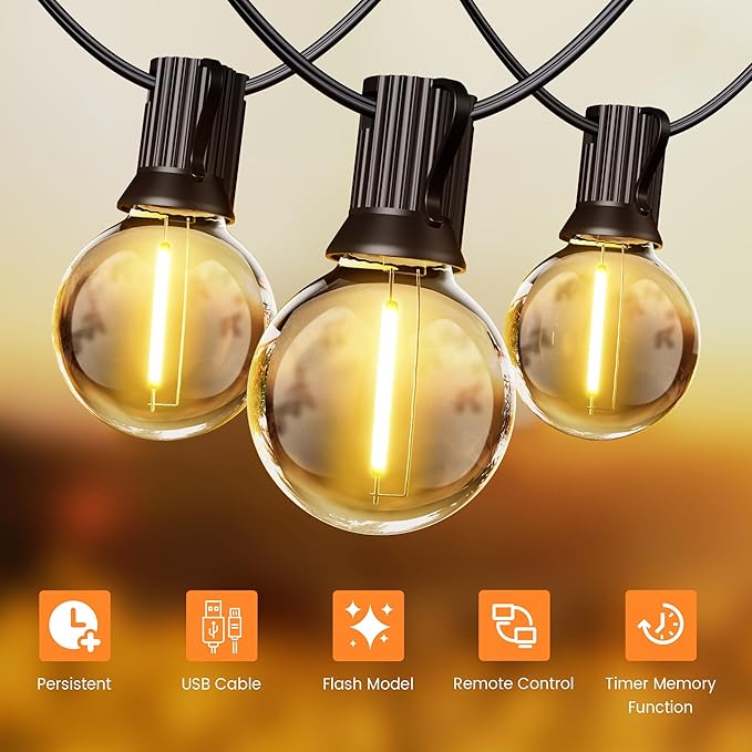 OHLUX 30FT Solar String Lights Outdoor, Waterproof Solar Patio Lights with Remote, 17 Shatterproof LED Filament G40 Globe Bulbs, 2200K Soft White, Dimmable Outside Hanging Light for Backyard Deck