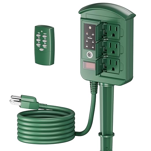 BN-LINK Outdoor Power Stake with Dusk to Dawn Timer, Waterproof 6 Grounded Outlets, 6FT Cord, 100FT Remote Control, Heavy Duty Outdoor Plug for Christmas Lights, Yard, Garden, ETL Listed