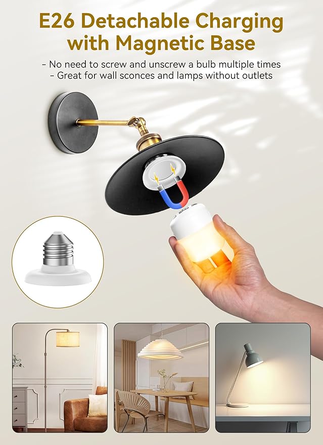 Minetom E26 Rechargeable Light Bulbs with Remote and Timer, Battery Backup Bulb with 12 Colors and Brightness Dimmable, 2300mAh 40W Equivalent LED Light Bulbs for Lamps Sconces Camping, 4 Pack
