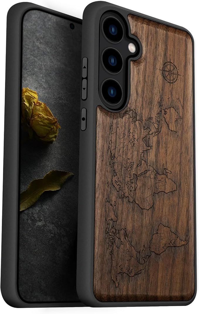 Carveit Wood Case for Galaxy S24 Plus Case [Natural Wood & Black Soft TPU] Shockproof Protective Cover Unique Wooden Design Compatible with S24 Plus (Compass Maps-Walnut)