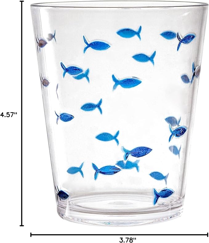 KLIFA- CHARLESTON- 16.5 oz, Set of 6, Acrylic Fishing Tumbler, School of Fish Drinking Glasses, BPA-Free, Stackable Plastic Drinkware, Dishwasher Safe Cups, Clear with Dark Blue Printing