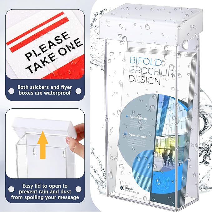 Remerry 1 Pcs Outdoor Brochure Holder 4 x 9 Inch Waterproof Wall Mount with Take One Sticker Literature Box with Clear Pamphlet Holder Acrylic Brochure Flyer Display Map Menu Envelope (White)