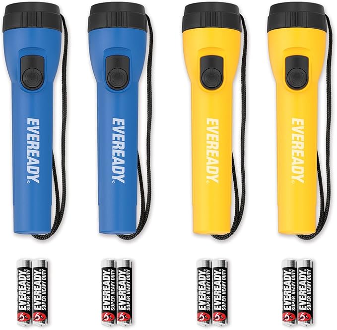 Eveready LED Flashlights (4-Pack), Bright Flashlights for Emergencies and Camping Gear, Flash Light with AA Batteries Included, Blue/Yellow (Pack of 8)