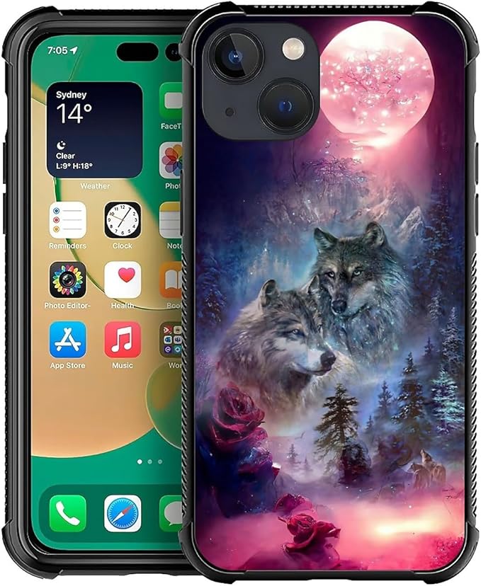 for iPhone 14 Plus Case, Star Two Wolfs Howling Pattern Graphic Design Girl Boy Soft Silicone Hard Acrylic Shock Protection for iPhone 14 Plus