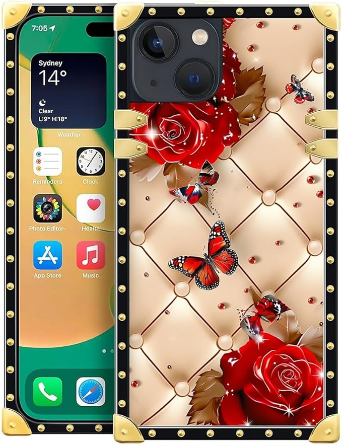 Compatible with iPhone 14 Case, Shining Red Rose Butterfly Leather Background Luxury Golden Decoration for Girl Women Soft TPU Shockproof Protective Hard PC Back for iPhone 14