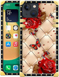 Compatible with iPhone 14 Case, Shining Red Rose Butterfly Leather Background Luxury Golden Decoration for Girl Women Soft TPU Shockproof Protective Hard PC Back for iPhone 14