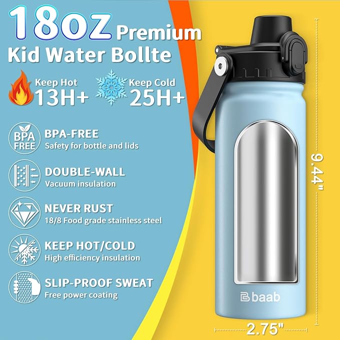 baab 18oz Kids Water Bottle, Insulated Kids Water Bottle with Lockable Spout Lid & Stickers, 18/8 Stainless Steel Vacuum Leakproof Kid Water Cup with Handle for Boy Girl & School (Light Blue, 1 Pack)