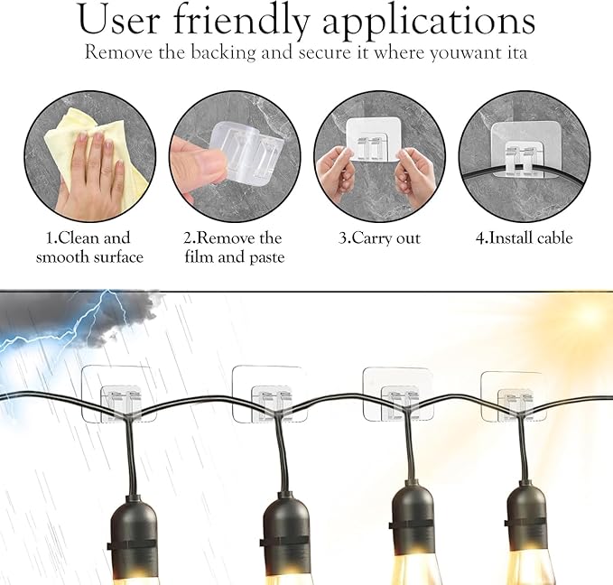 Hooks for Outdoor String Lights Clips: Heavy Duty Cable Clips with Waterproof Adhesive Strips for Hanging Christmas Light - Outside UV-Resistant Clear Sticky Cord Holders Rope Organizer (300)