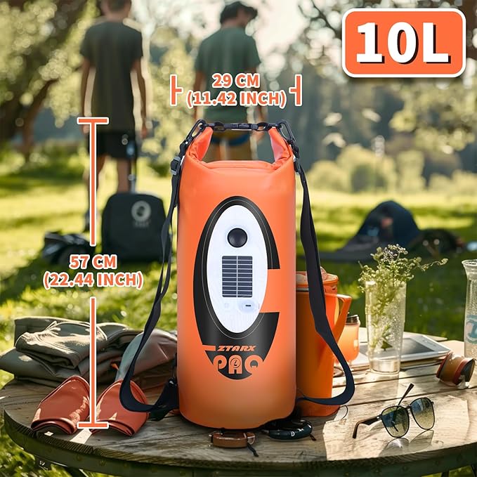 FELICON Solar/Battery Powered Multi-Functional Backpack with Bluetooth Speaker,IP66 Waterproof Dry Bag,Heavy Duty Roll Top Closure,Large Capacity Bag for Camping,Hiking,Traveling (Orange 10L)