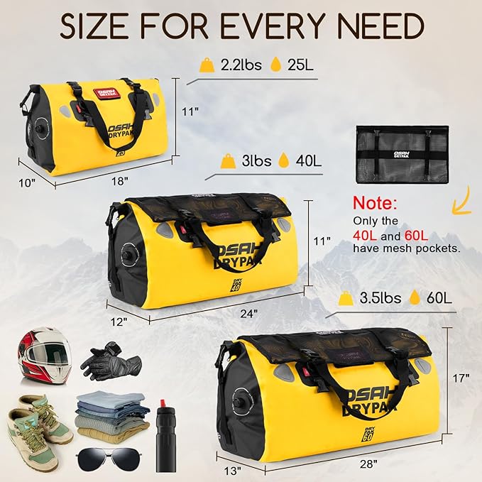 OSAH DRYPAK Waterproof Duffel Bag - Motorcycle Dry Bag Tail Bag with Large Storage Space, Waterproof Luggage Duffle Bags with Outer Mesh Zipper Pocket for Camping, Kayaking, Fishing & Traveling