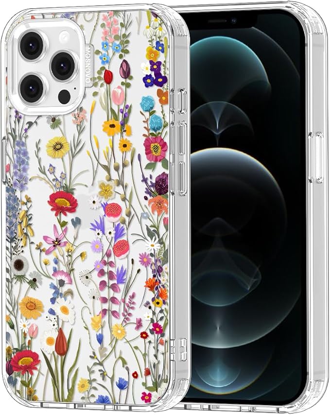 MOSNOVO Case for iPhone 12 & iPhone 12 Pro, [Buffertech 6.6ft Military-Grade Drop Protection] [Anti Peel Off Tech] Clear TPU Bumper Phone Case Cover Design - Wildflower Meadow