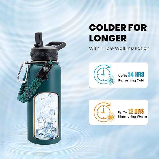 RAYMYLO Insulated Water Bottle 32 oz, Triple Wall Vacuum Stainless Steel (Cold for 24Hrs, Hot for 12Hrs), Leak Proof & Non-BPA, Modern Water Flask Jug with Paracord Handle & Straw Spout Lids