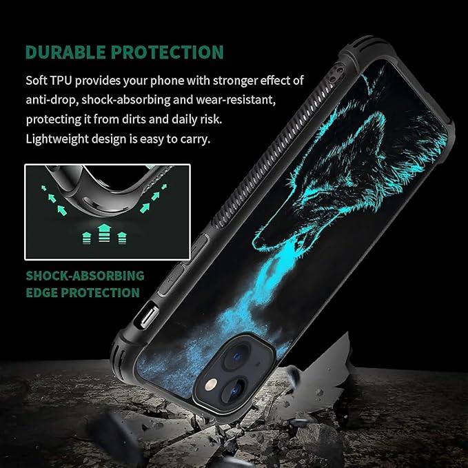 for iPhone 15 Case, Blue Breathing Wolf Pattern Graphic Design Girl Boy Soft Silicone Hard Acrylic Shock Protection for iPhone 15