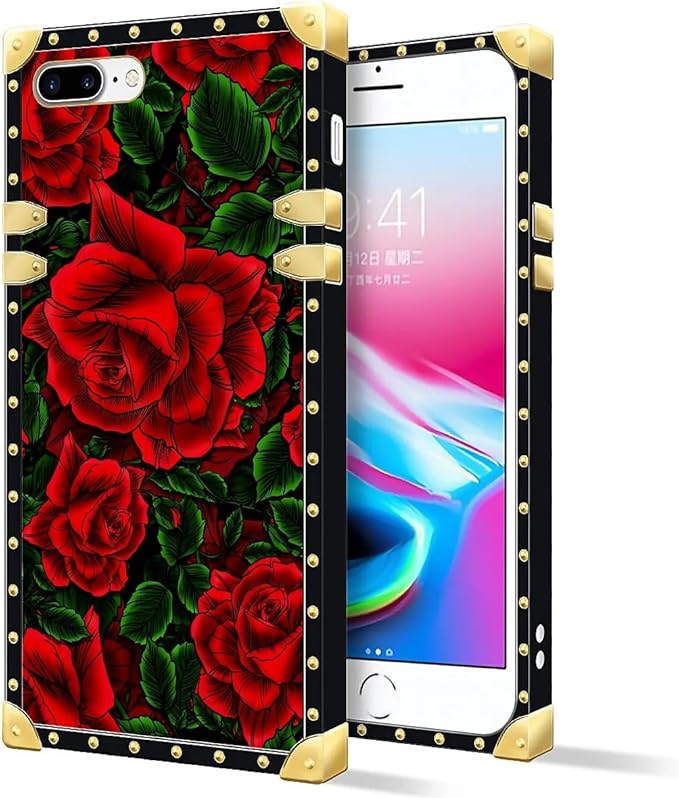 Compatible with iPhone 8 Plus 7 Plus Case, Vector Red Rose Green Leaf Luxury Golden Decoration for Girl Women Soft TPU Shockproof Protective Hard PC Back for iPhone 8 Plus 7 Plus