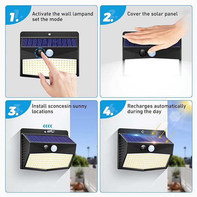 Peasur 2 Packs Solar Outdoor Lights Motion Sensor Solar Security Lights Waterproof with 3 Lighting Modes Solar Powered Wall Lights Outside for Garden Fence Yard