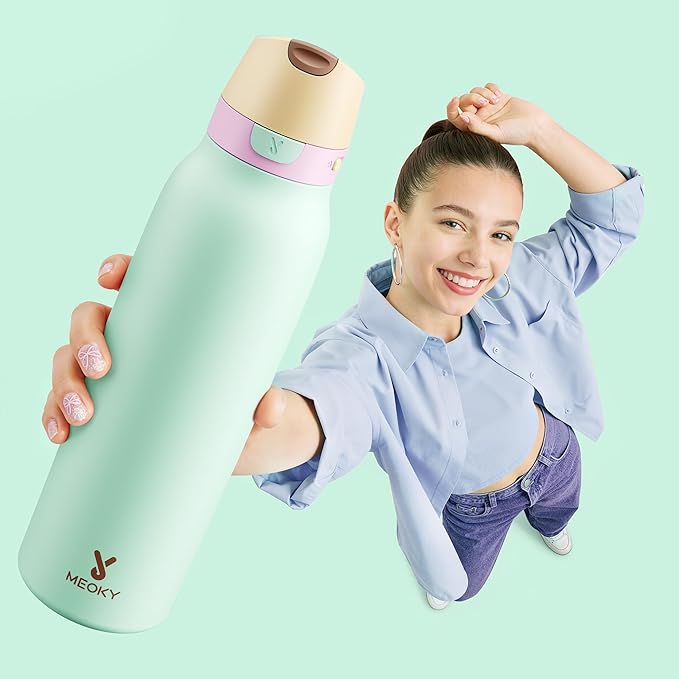 Meoky 24 oz Slim Insulated Water Bottle: Leak Proof Locking Lid, 2-in-1 Straw and Spout, 24 Hours Cold, Top Handle, BPA Free, Stainless Steel Water Bottle for Adults Teens Sports Travel, Lime