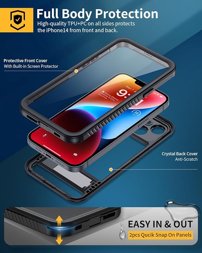 Lanhiem for iPhone 14 Case with Kickstand, IP68 Waterproof Dustproof Built-in Screen Protector, Full Body Shockproof Protective Front and Back Cover for iPhone 14, 6.1 Inch (Black)