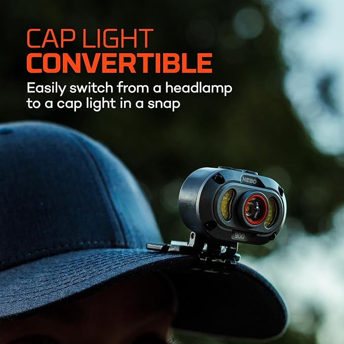 NEBO MYCRO 900+ Headlamp | USB-C Rechargeable 900 Lumen Headlamp, 7 Light Modes with Spot and Flood Light, IPX4 Water Resistant, Adjustable Strap, Cap Light Convertible