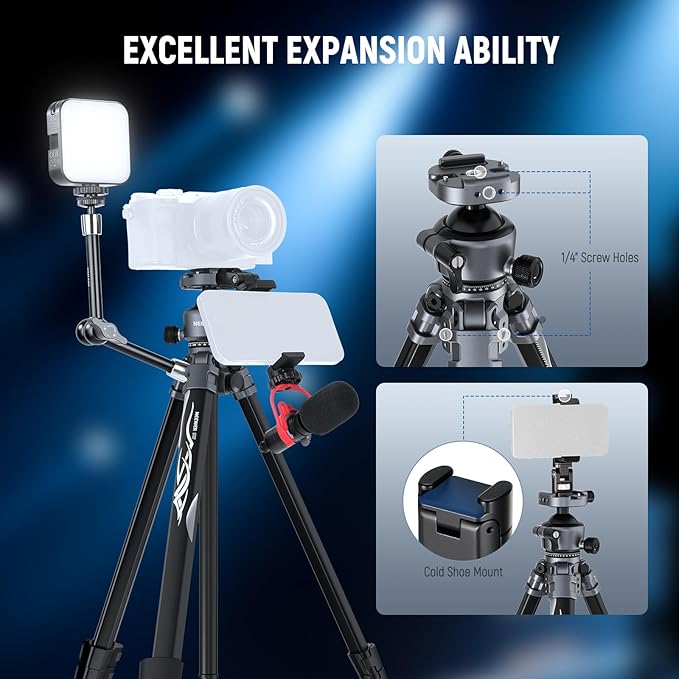 NEEWER LITETRIP LT07 61" Aluminum Travel Tripod for Camera w Pan Tilt Low Profile Ball Head, Arca QR Plate Compatible with PD Tripod Plate, Dual Center Axis, Phone Holder, Max Load 22lb