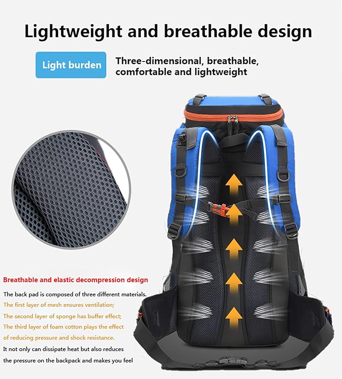 Bseash 60L Hiking Camping Backpack with Rain Cover, Waterproof Large Capacity Outdoor Sport Travel Daypack Climbing Touring (Light Blue)