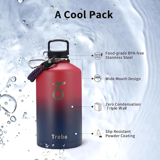 Trebo 1 Gallon Water Bottle Insulated with Paracord Handle and Straw,128oz Vacuum Triple Wall Stainless Steel Large Jug,Keep Ice Cold 48hrs, Leakproof Sports Gym Flask for Men Women, Ruby Red