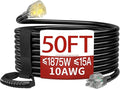50 FT 10 Gauge Extension Cord Outdoor, Heavy Duty Weatherproof & Flame Retardant Black 3 Prong Power Cord with Light, Outside for Lawn & Garden, 15 Amps 1875 Watts 125 VAC 10AWG SJTW, ETL Listed