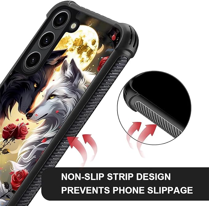 for Samsung Galaxy S23 Case, Black White Wolf Moon Flower Rose Pattern Graphic Design Girl Boy Soft Silicone Hard Acrylic Shock Protection for Samsung Galaxy S23