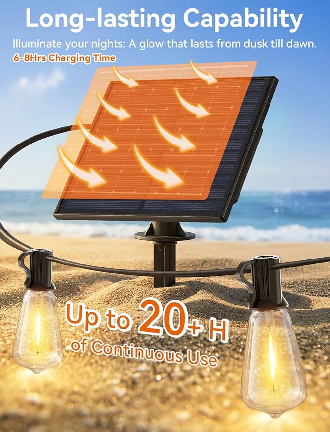 Brightever 50FT Solar String Lights Outdoor Waterproof, Patio Lights Solar Powered with Remote, 18+1 Shatterproof ST38 LED Bulbs, Dimmable&3 Lighting Modes, Hanging Outdoor Lights for Garden, Wedding