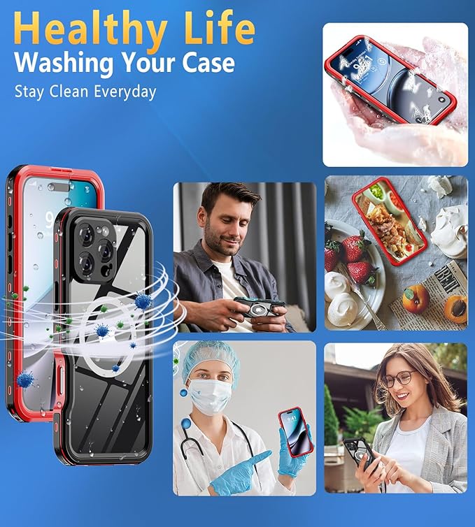 for iPhone 16 Pro Max Case Waterproof | Shockproof Dust Proof Phone Case Cover with Screen Protector for iPhone 16 Promax - Red