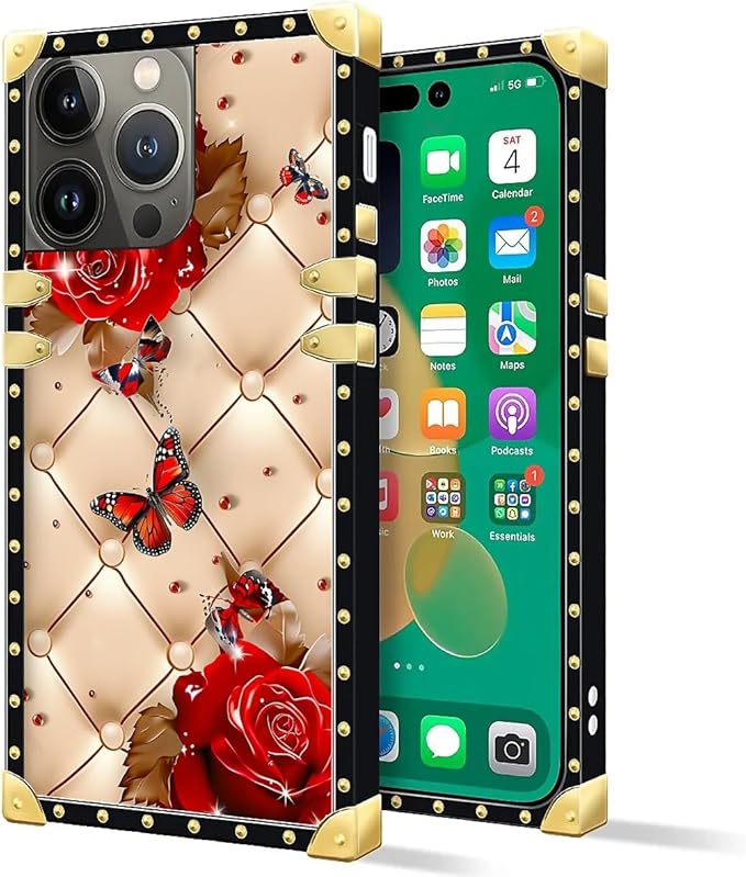 Compatible with iPhone 14 Pro Case, Shining Red Rose Butterfly Leather Background Luxury Golden Decoration for Girl Women Soft TPU Shockproof Protective Hard PC Back for iPhone 14 Pro