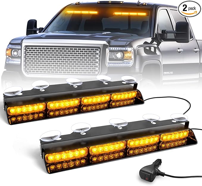HLauto 6Z4J Emergency Dash Strobe Lights: 2x16.8 inch Amber Safety Lights, 48 LED Flashing Warning Hazard Interior Windshield Visor Traffic Light Bar for Trucks, Construction Vehicles