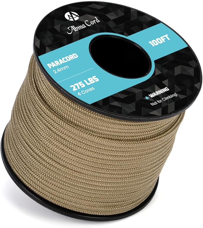 Abma Cord 2.4mm Paracord 275 100ft Nylon Rope 4 Strands Tactical Parachute Cord - Max. 275lbs - Tan