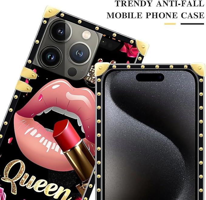 Compatible with iPhone 16 Pro Case, Glitter Red Rose Queen Leopard Lipstick Luxury Golden Decoration for Girl Women Soft TPU Shockproof Protective Hard PC Back