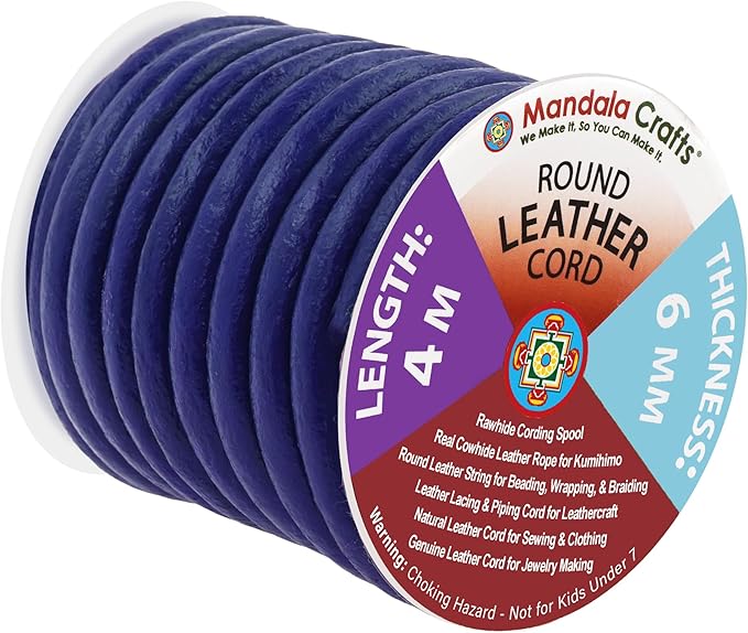 Mandala Crafts Round Genuine Navy Blue Leather Cord for Jewelry Making – 6mm Cowhide Leather Rope String Lace for Kumihimo – 4.4 Yards Cowhide Craft Cording Spool