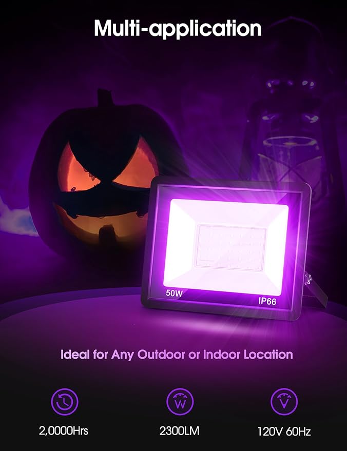 L LOHAS LED Purple Christmas Halloween Flood Light Outdoor, 𝑨𝒖𝒕𝒐 𝑶𝑵/𝑶𝑭𝑭 50W Plug in Flood Light, IP66 Waterproof 2300lm Outdoor Lights for Yard, Garage, Party, UL Listed