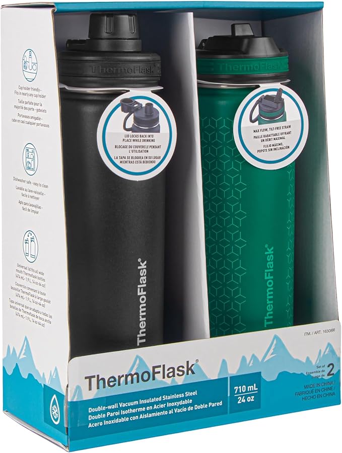 ThermoFlask Stainless Steel Water Bottles 2-Pack - Double-Wall Vacuum Insulated 24 oz BPA-Free Spout Lids - Keeps Drinks Cold 24 Hrs, Hot 12 Hrs - Leakproof, Dishwasher Safe, Black/Malachite