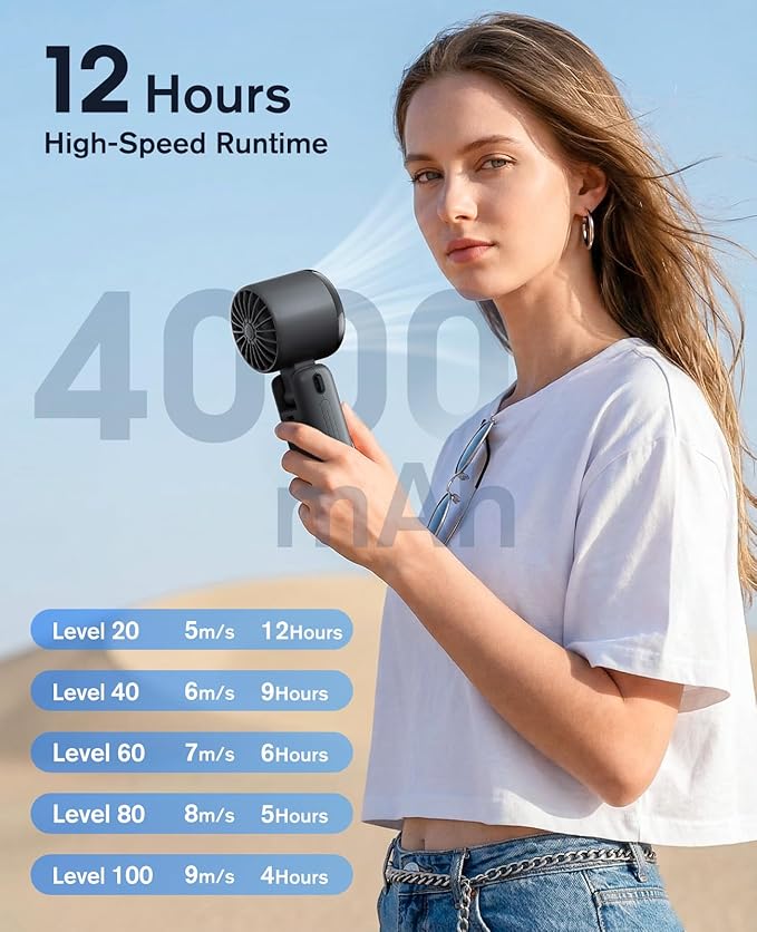 WHATOOK Portable Personal Handheld Fan: High Speed Cooling Fan, 12 Hours Battery Life, USB Rechargeable, Small Essentials for Women Cruise Travel, Beach Vacation (Black)
