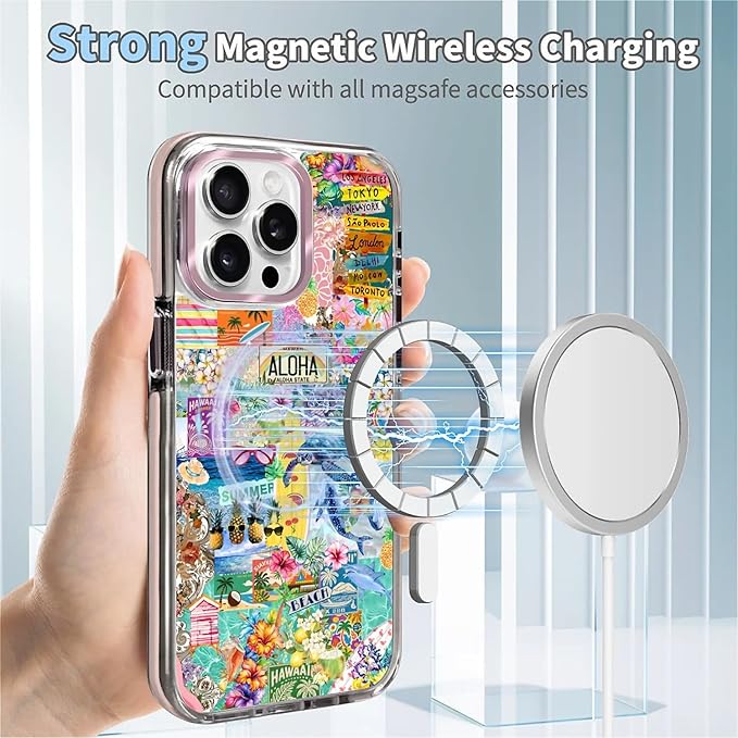 Case for iPhone 15 Pro Max,[Compatible with MagSafe],Hawaii Aloha Cover Coastal Beach Collage Phone Case Design，for Women Girls Magnetic Clear Cover - Slim, Sleek, & Shockproof Protection